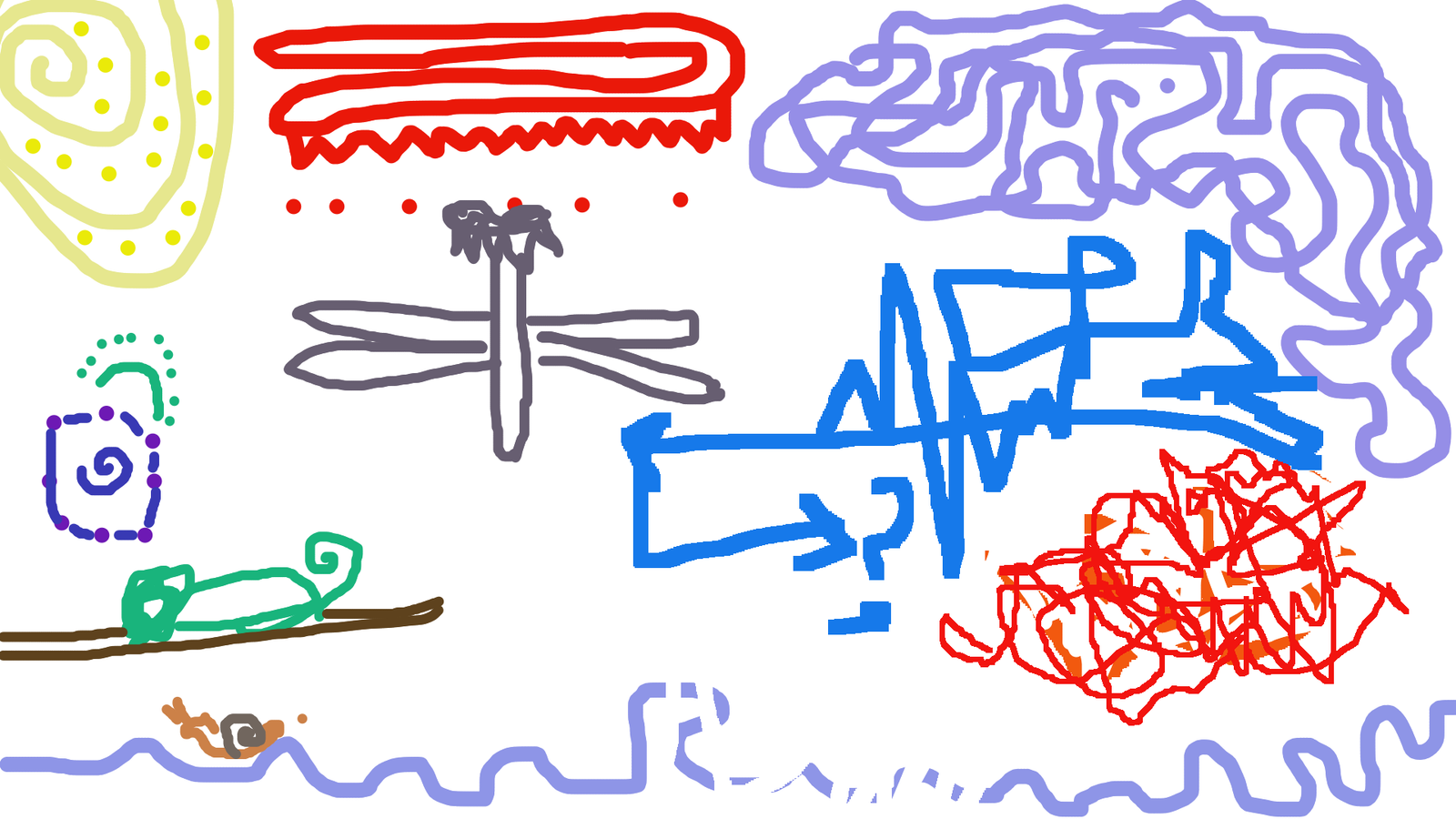 Dibujo colectivo: libélula y territorio, espejado como una mancha de Rorschach